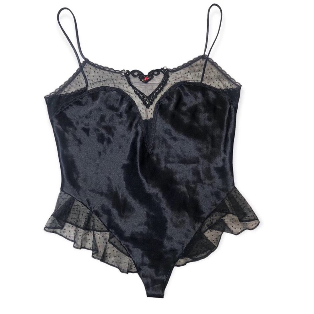 90s Black Satin Sheer High Cut Negligee by Delicates